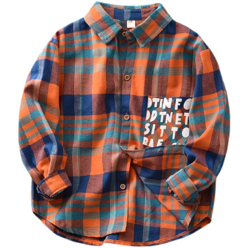 Chemise à manches longues en coton imprimé pour enfants, haut à revers à carreaux