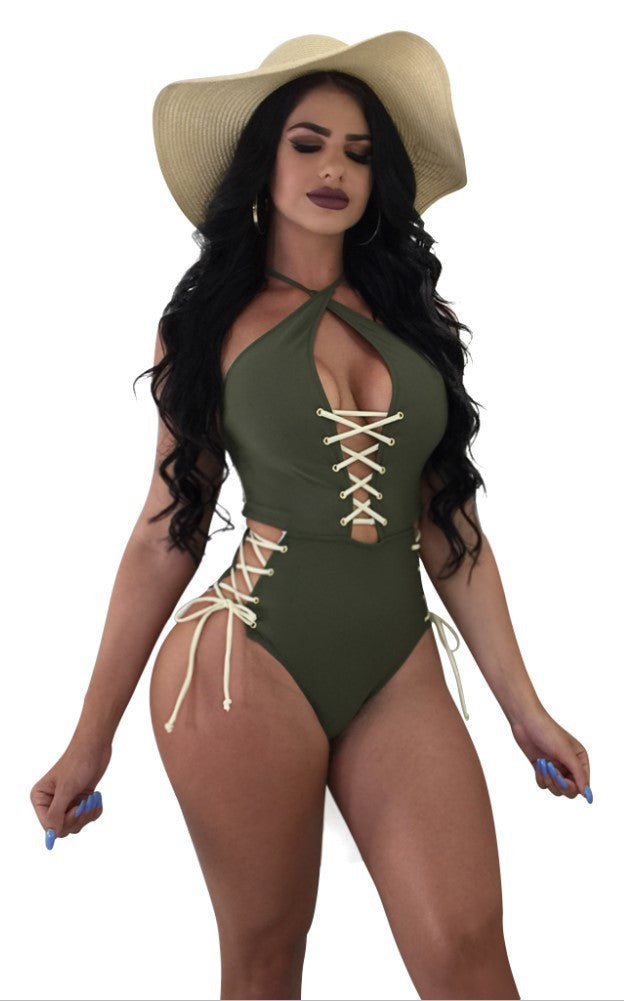 Bikini une pièce sexy en dentelle de couleur unie