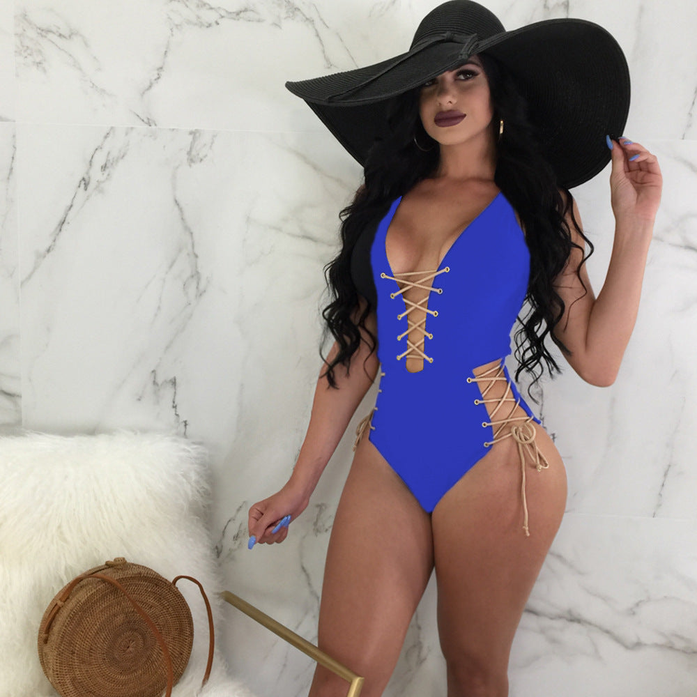 Bikini une pièce sexy en dentelle de couleur unie