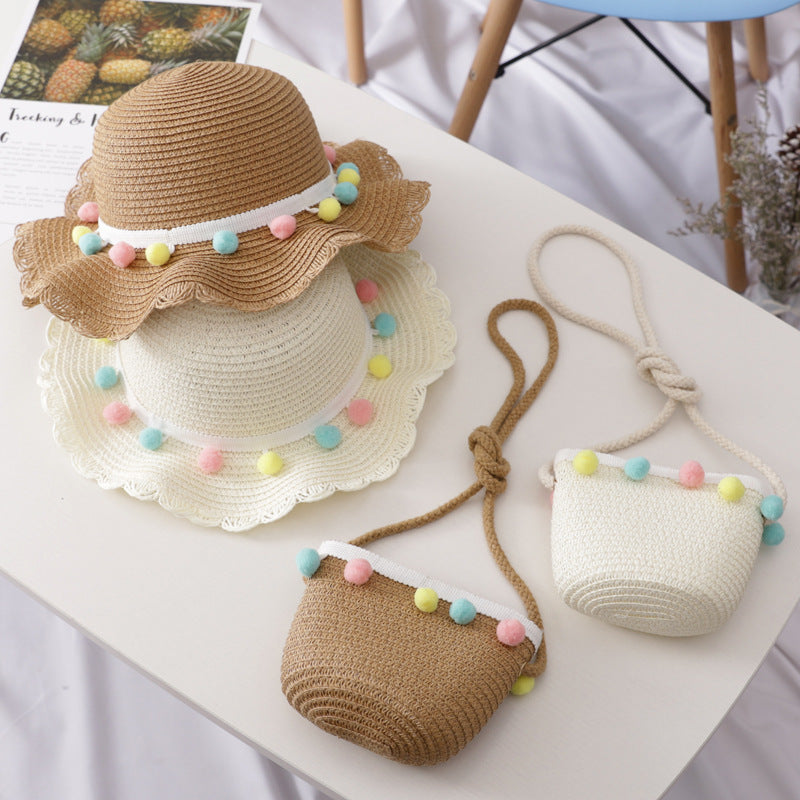 Ensemble de sac de chapeau de paille pour enfants de couleur unie petite boule