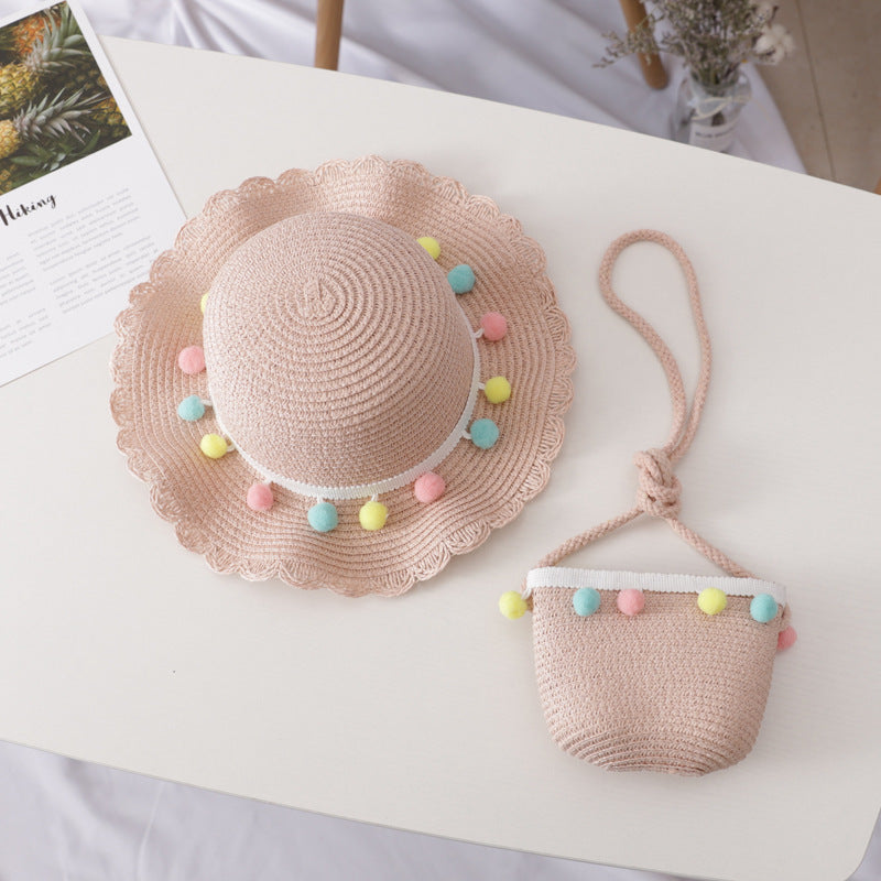 Ensemble de sac de chapeau de paille pour enfants de couleur unie petite boule