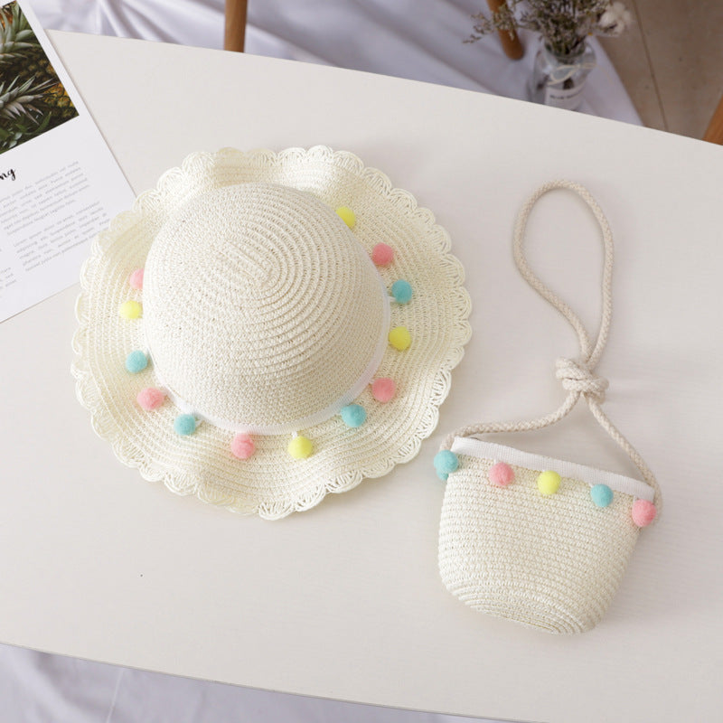 Ensemble de sac de chapeau de paille pour enfants de couleur unie petite boule