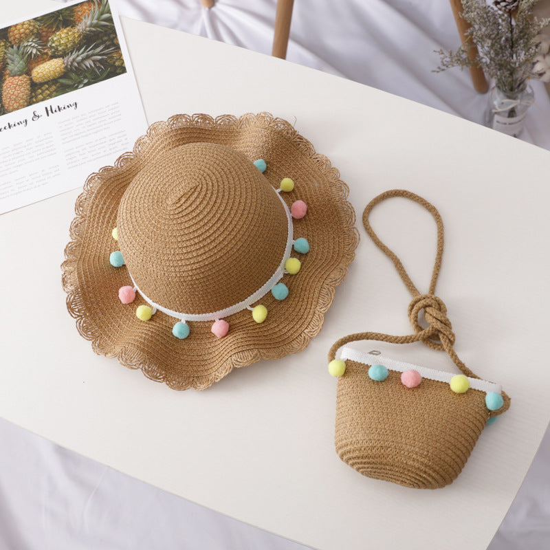 Ensemble de sac de chapeau de paille pour enfants de couleur unie petite boule
