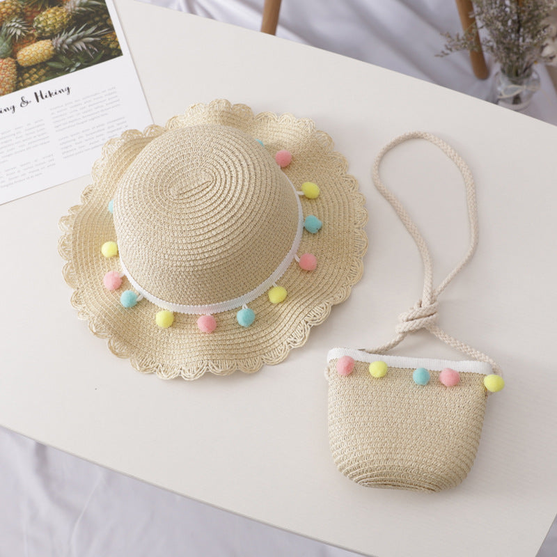 Ensemble de sac de chapeau de paille pour enfants de couleur unie petite boule