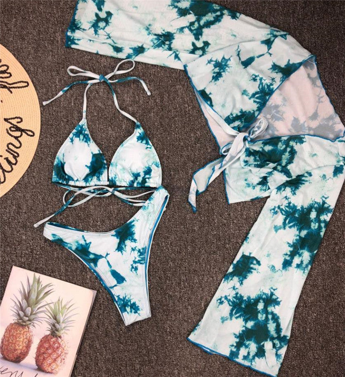 Traje de baño de malla de manga larga para mujer, traje de baño de leopardo de tres piezas, traje de baño Sexy de verano para mujer