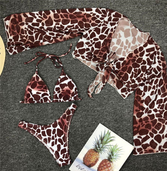 Traje de baño de malla de manga larga para mujer, traje de baño de leopardo de tres piezas, traje de baño Sexy de verano para mujer