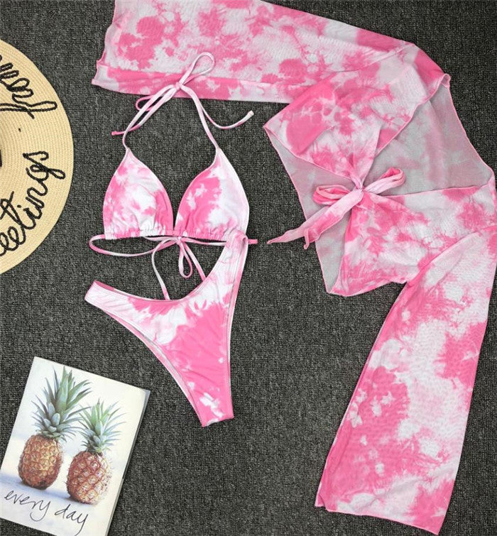 Traje de baño de malla de manga larga para mujer, traje de baño de leopardo de tres piezas, traje de baño Sexy de verano para mujer