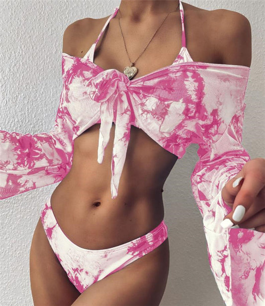 Traje de baño de malla de manga larga para mujer, traje de baño de leopardo de tres piezas, traje de baño Sexy de verano para mujer
