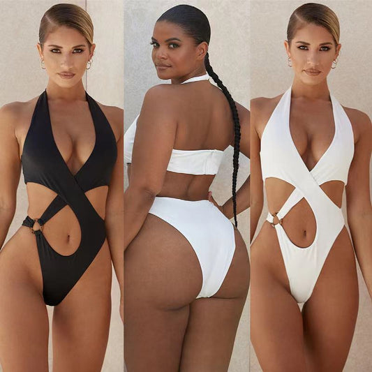 Maillot de bain une pièce Sexy pour femmes, couleur unie, ajouré croisé, grande taille, Bikini, maillot de bain Bikini