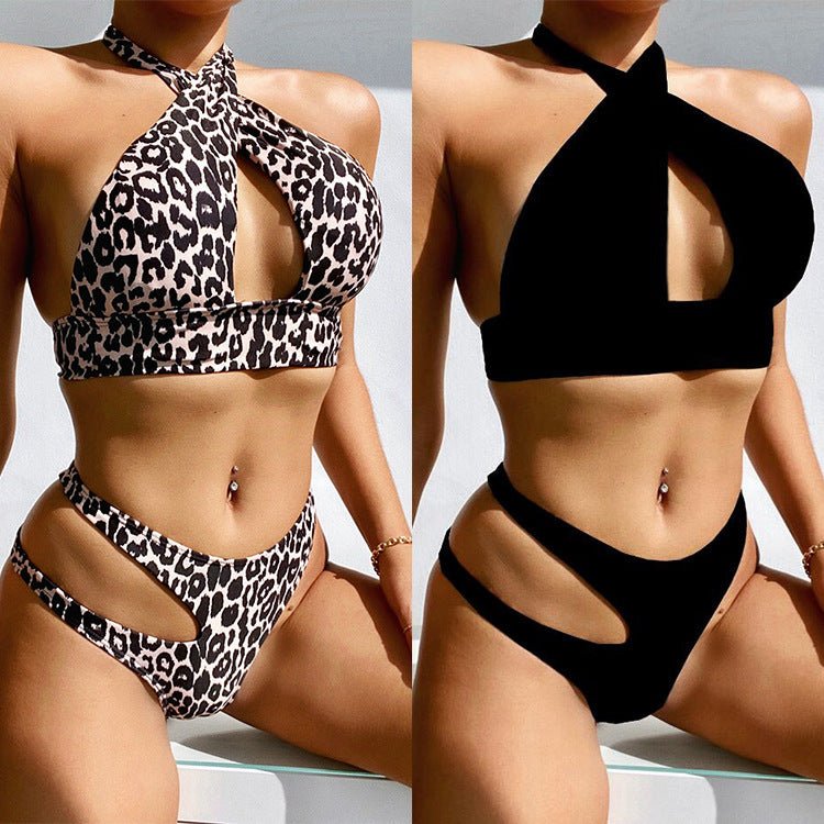 Bikini sexy à bandage creux imprimé léopard