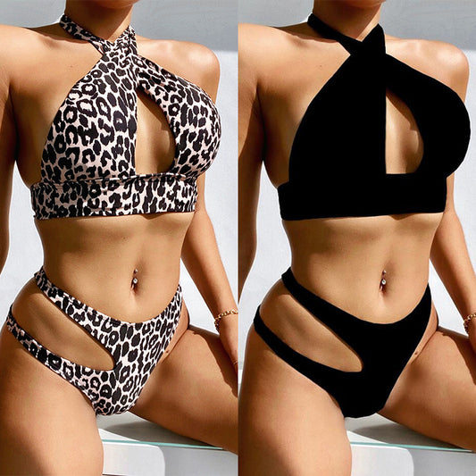 Bikini sexy à bandage creux imprimé léopard