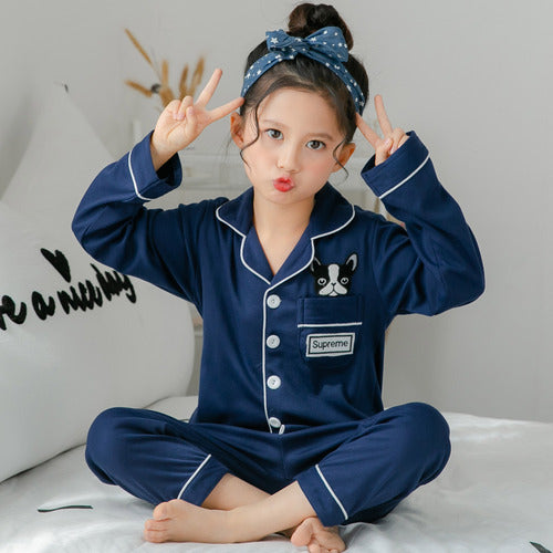 Ropa para niños, ropa para el hogar de manga larga con estampado bonito para niñas, conjunto de pijamas de algodón fino para niños grandes
