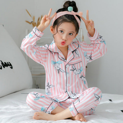 Ropa para niños, ropa para el hogar de manga larga con estampado bonito para niñas, conjunto de pijamas de algodón fino para niños grandes