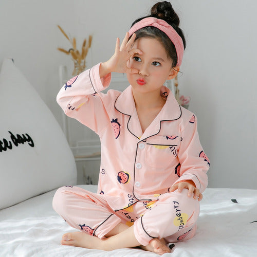 Ropa para niños, ropa para el hogar de manga larga con estampado bonito para niñas, conjunto de pijamas de algodón fino para niños grandes
