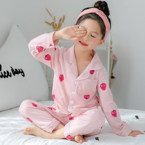 Ropa para niños, ropa para el hogar de manga larga con estampado bonito para niñas, conjunto de pijamas de algodón fino para niños grandes