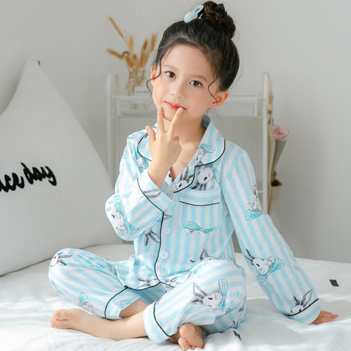 Ropa para niños, ropa para el hogar de manga larga con estampado bonito para niñas, conjunto de pijamas de algodón fino para niños grandes
