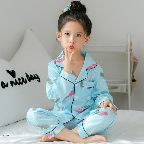 Ropa para niños, ropa para el hogar de manga larga con estampado bonito para niñas, conjunto de pijamas de algodón fino para niños grandes