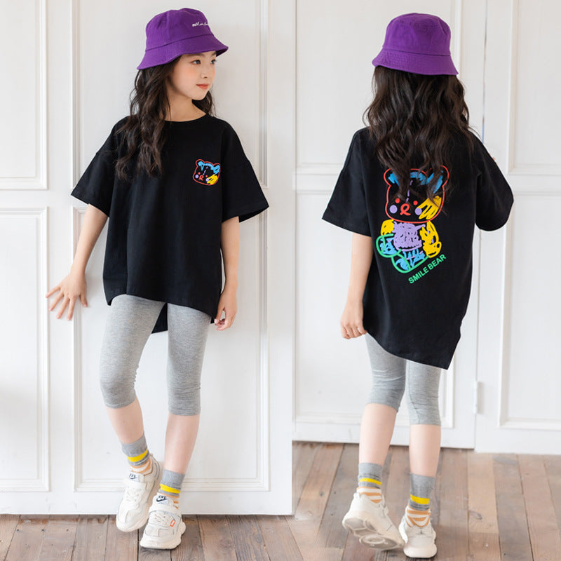 Haut irrégulier de dessin animé, manches courtes, demi-manches, vêtements tendance pour grands enfants
