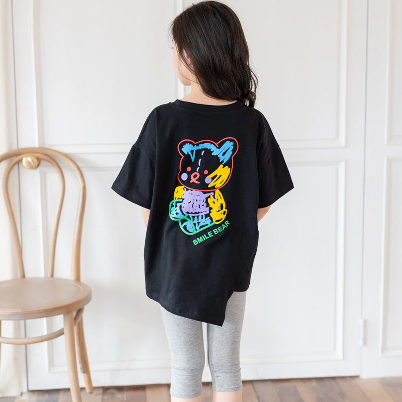 Haut irrégulier de dessin animé, manches courtes, demi-manches, vêtements tendance pour grands enfants
