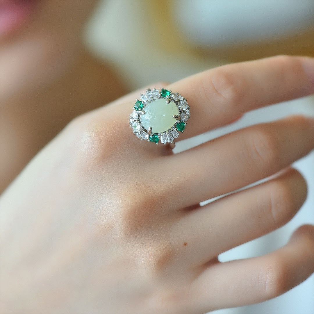Bague de Surface d'œuf de Jade blanc incrusté de mode pour femmes 925