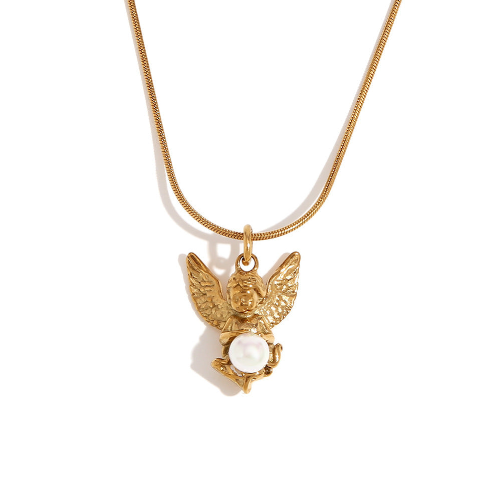 Collier élégant Vintage en acier titane plaqué or 18 carats, Mini collier d'ange en perles, boucles d'oreilles