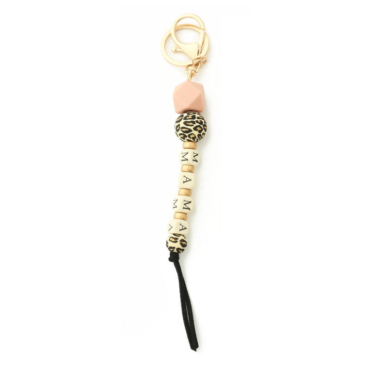 Letter Wood Wafer Silicone Bag Pendant Leopard Chain Keychain