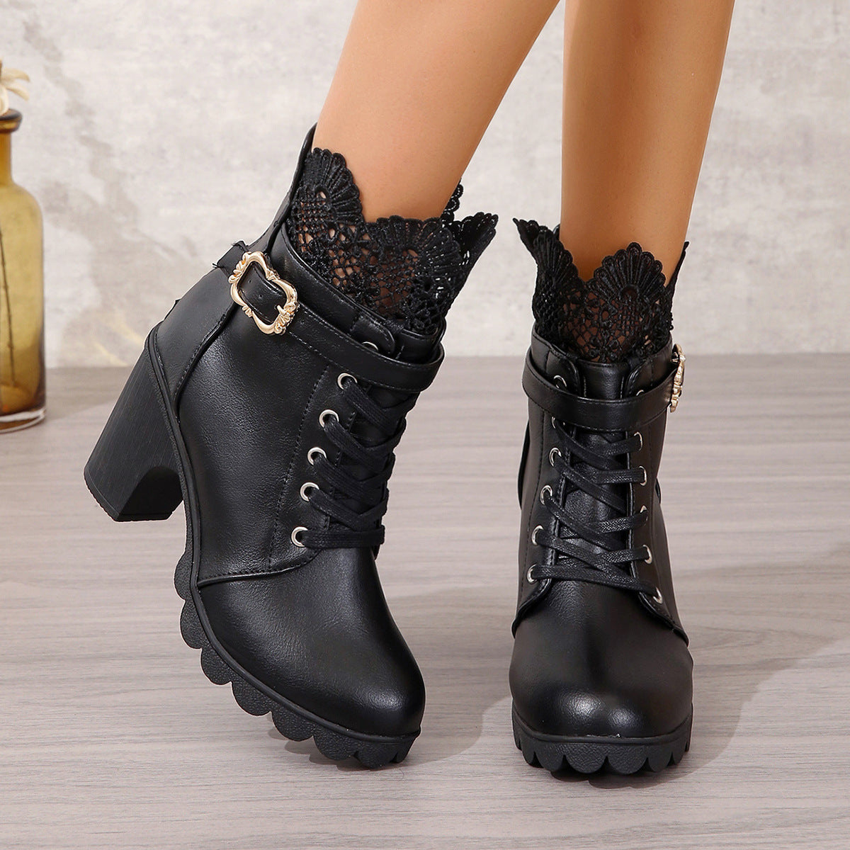 Bottes de mode en dentelle à plateforme imperméable à talon épais pour femmes