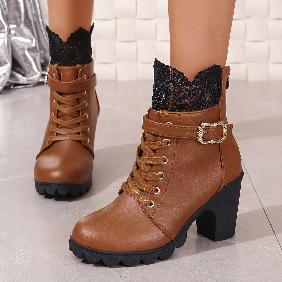 Bottes de mode en dentelle à plateforme imperméable à talon épais pour femmes