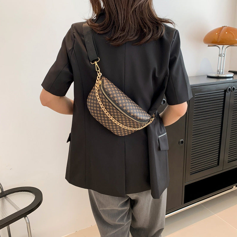 Bolso bandolera de hombro con cadena de metal estampado a cuadros para mujer