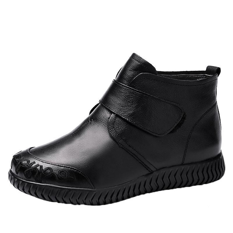 Chaussures en coton en cuir souple et fourrure épaisse, antidérapantes, semelle souple, bottes courtes doublées en polaire pour mère et femme d'âge moyen, hiver