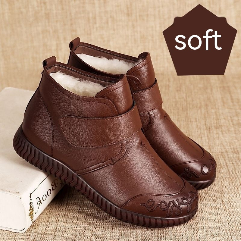 Chaussures en coton en cuir souple et fourrure épaisse, antidérapantes, semelle souple, bottes courtes doublées en polaire pour mère et femme d'âge moyen, hiver
