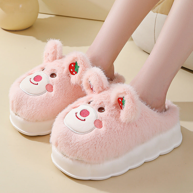 Zapatillas de algodón de tacón alto para mujer, pantuflas mullidas con parte inferior gruesa de dibujos animados, oso bonito y corazón para el hogar, cálidas para invierno