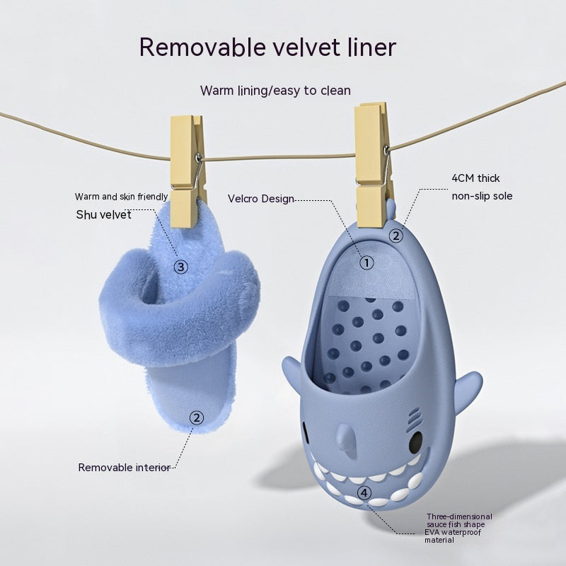 Pantoufles d'hiver en coton avec chapeau de petit requin détachables et lavables pour garçons