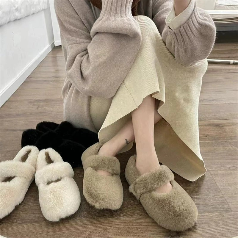 Mary Jane Fluffy Shoes Ropa de abrigo de invierno para mujer Pisos