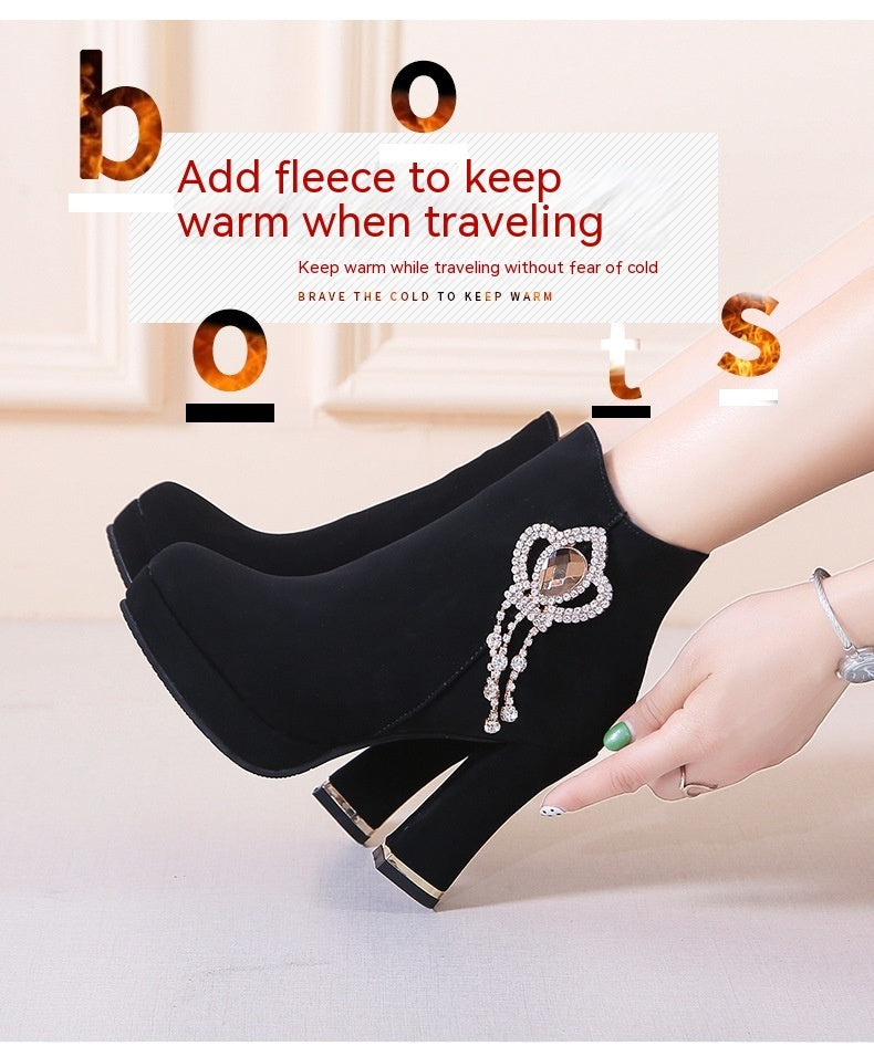 Bottes courtes à talons épais en strass, bottes courtes à plateforme imperméables à talons hauts