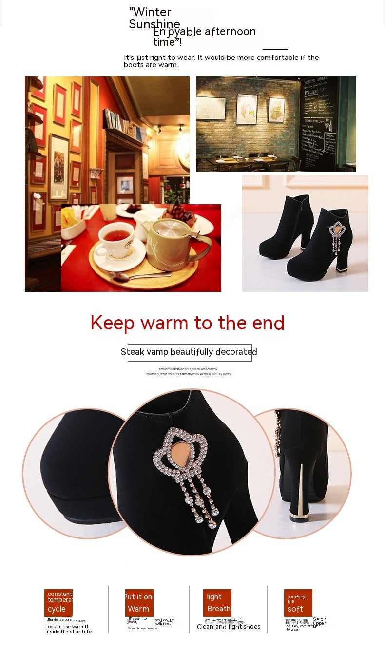 Bottes courtes à talons épais en strass, bottes courtes à plateforme imperméables à talons hauts