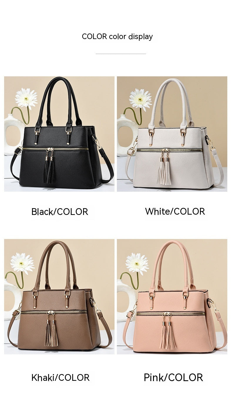 Bolso de hombro con borlas de cuero suave de gran capacidad