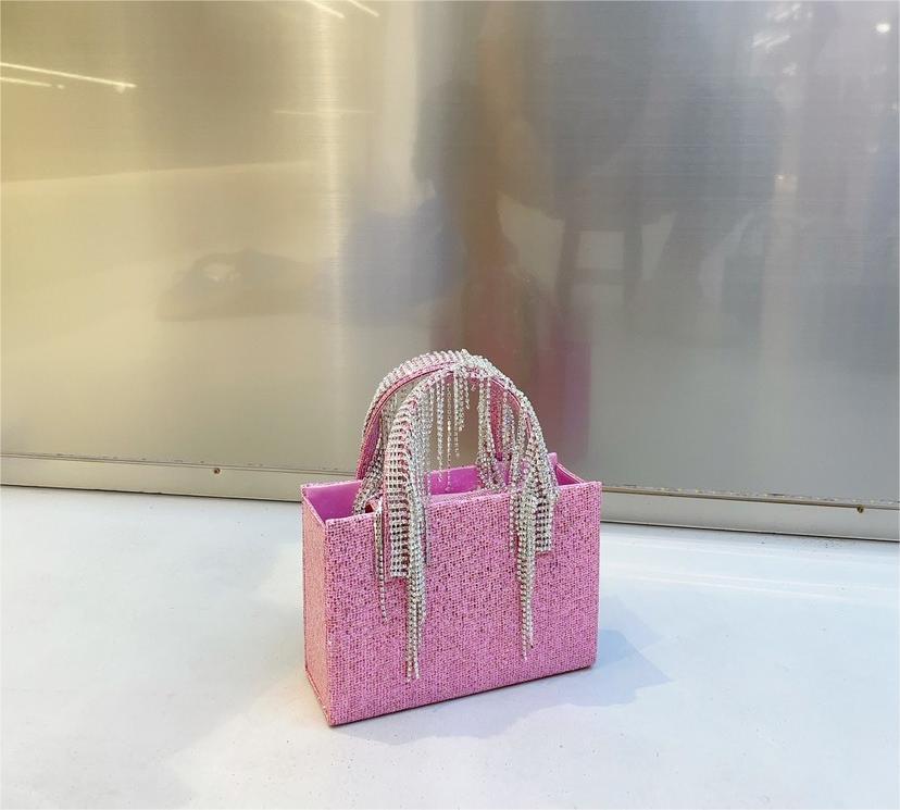 Bolso cuadrado pequeño con cadena de borlas de diamantes de imitación rojos de National Network, portátil de moda