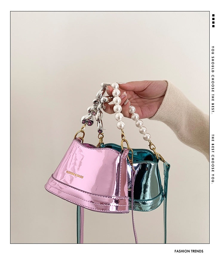 Women's Fashion All-match High Sense Pearl Chain Shoulder Cross Body Bucket Bag