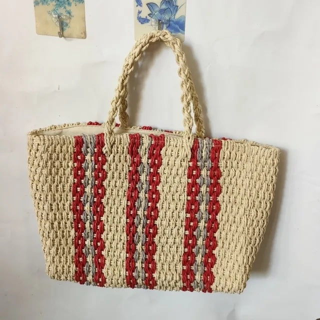 Bolso de mano de paja tejido con cremallera grande, bolso de compras informal de hombro grande para mujer