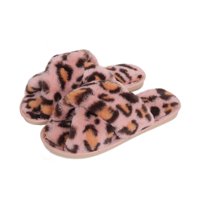 Zapatillas mullidas cruzadas con estampado de leopardo para mujer en casa