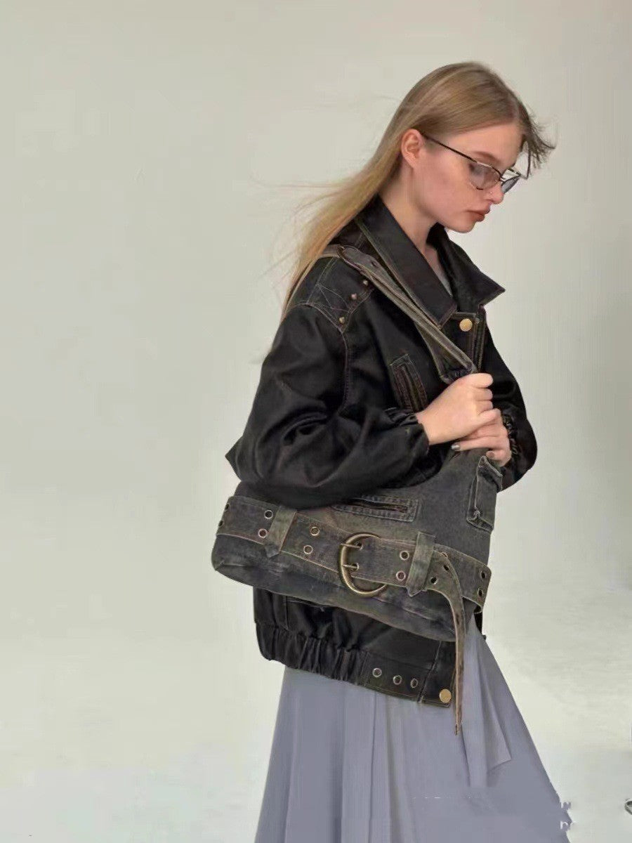 Sac sous les bras en jean lavé femme grande capacité rétro