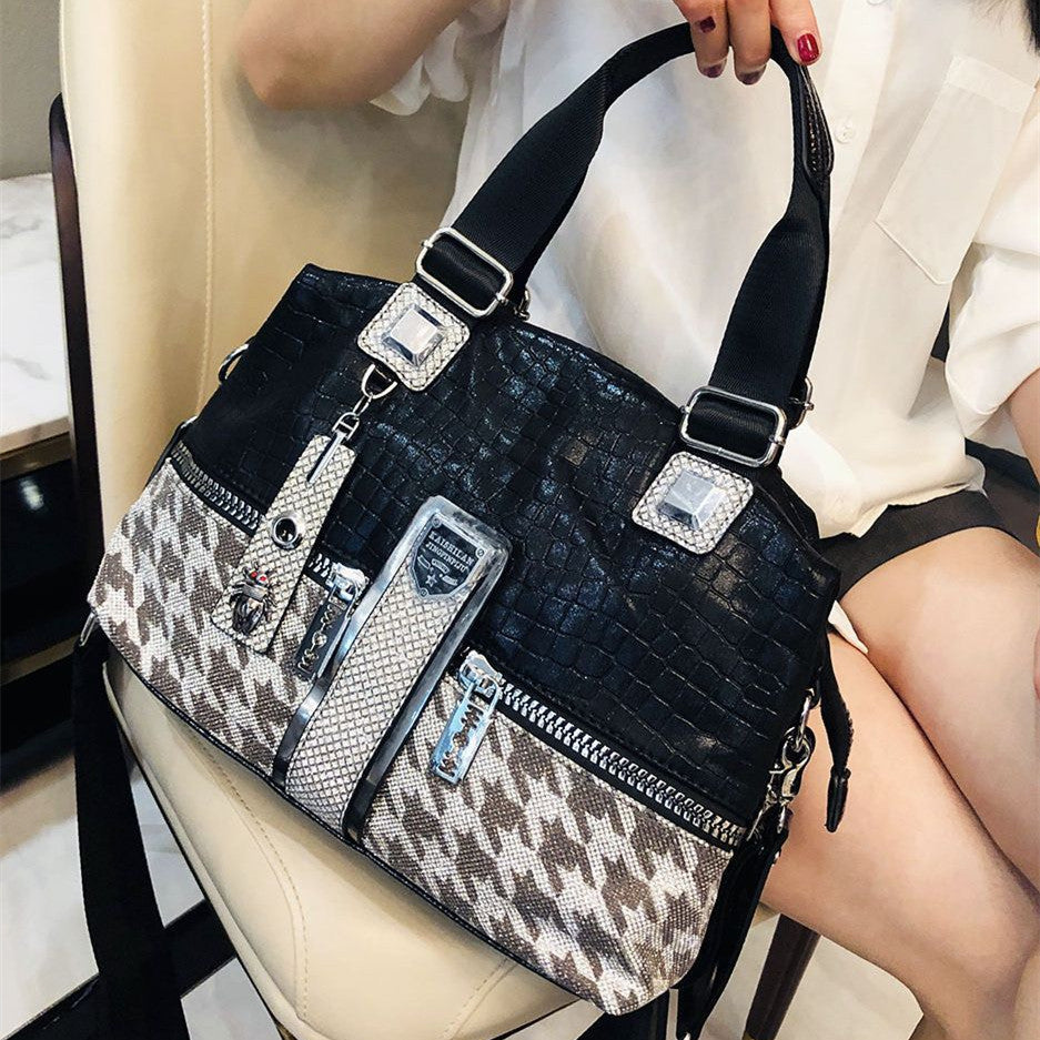 Sac à bandoulière de grande capacité de couleur contrastée pied-de-poule pour femme
