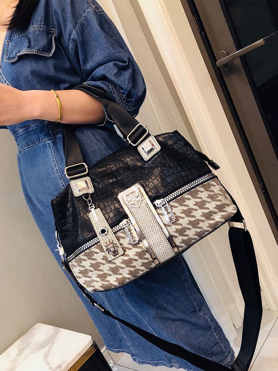 Sac à bandoulière de grande capacité de couleur contrastée pied-de-poule pour femme