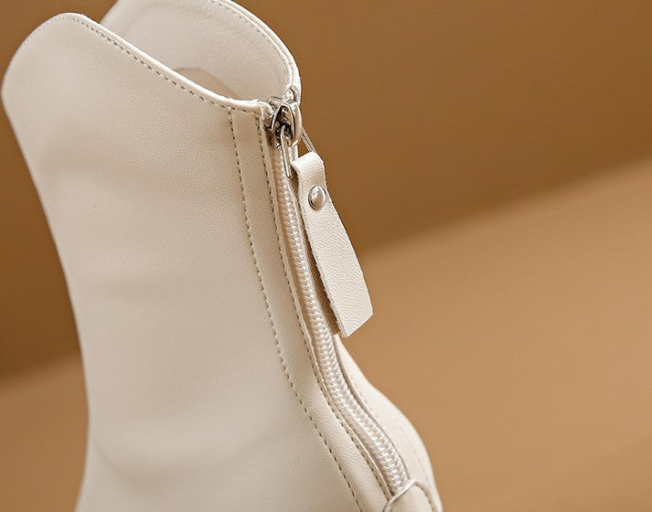 Bottes à talons hauts en cuir véritable pour femmes, bout pointu, talons épais blancs