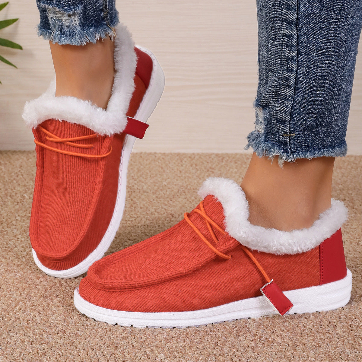 Chaussures chaudes en velours et dentelle à tête ronde pour femmes