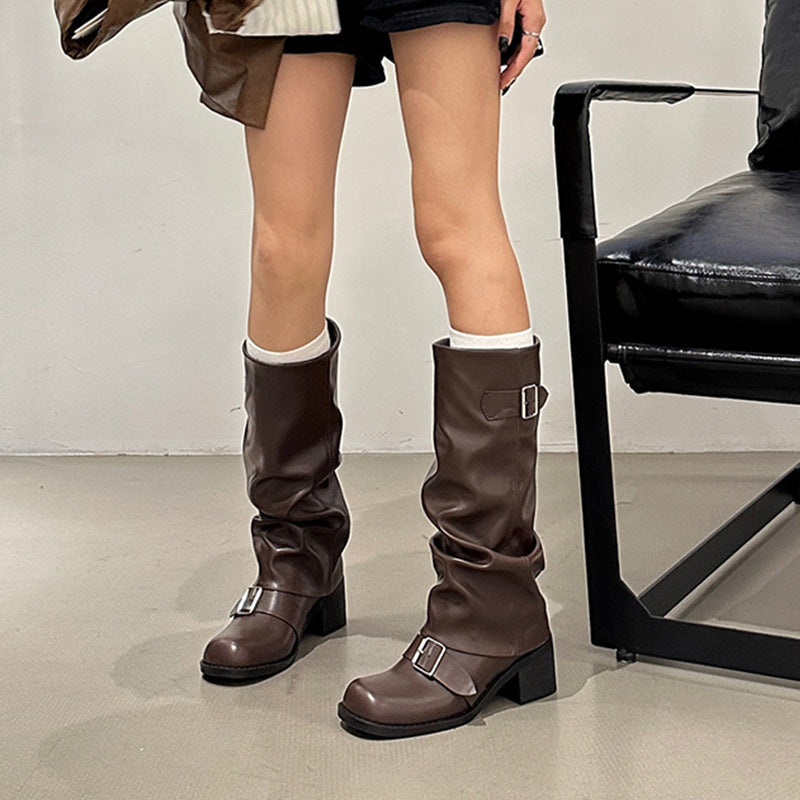 Bottes longues en dessous du genou pour femme, talon épais, tête ronde