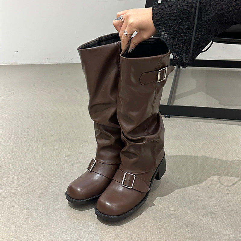 Bottes longues en dessous du genou pour femme, talon épais, tête ronde