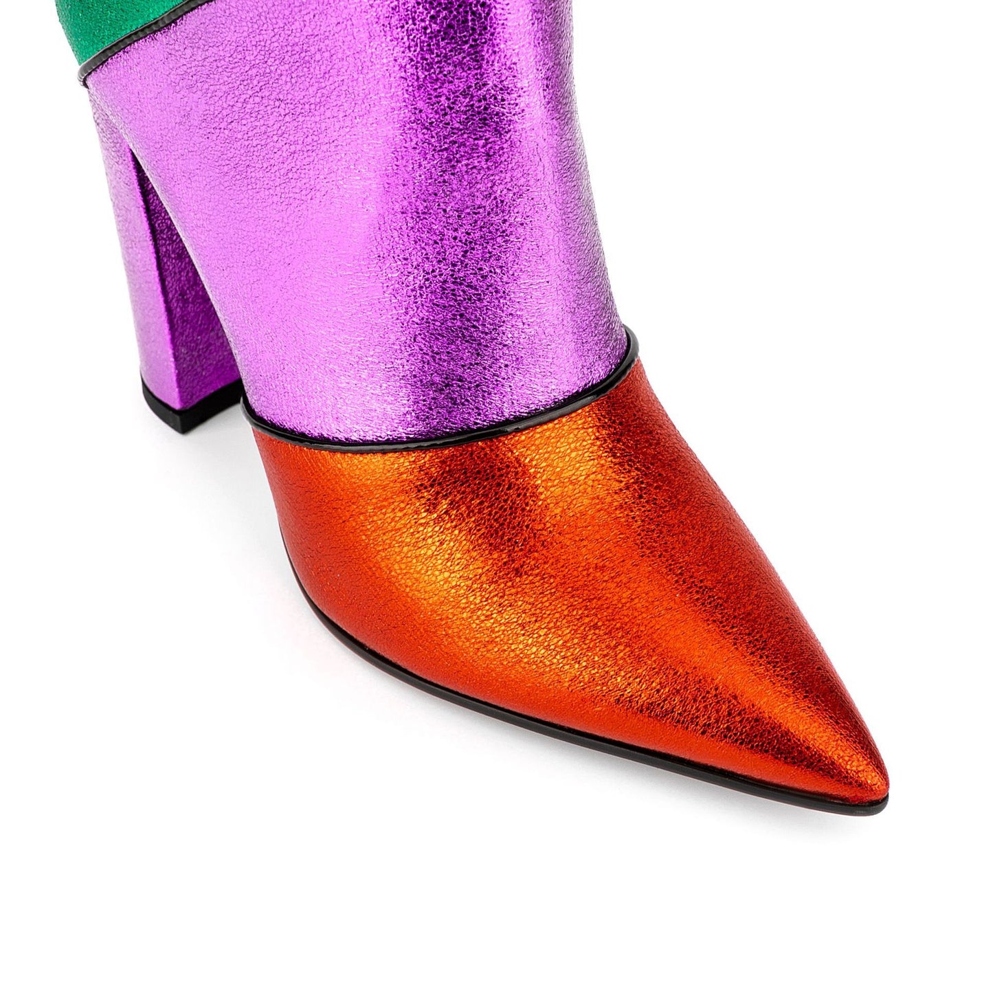 Bottes du milieu à talons épais et pointus en métal arc-en-ciel avec carte tribale