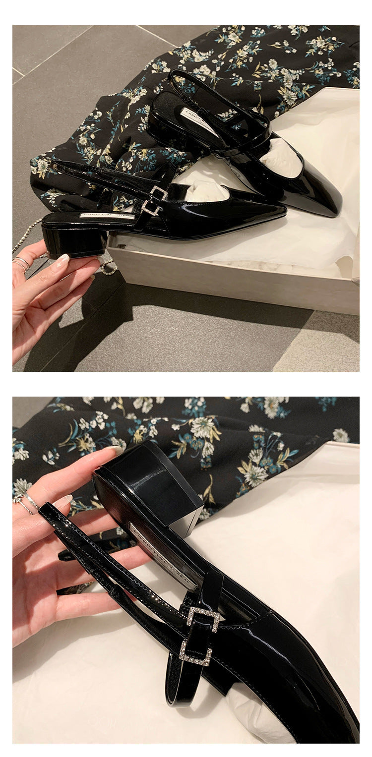 Chaussures Mary Jane françaises à bout carré et strass, boucle carrée, talon épais
